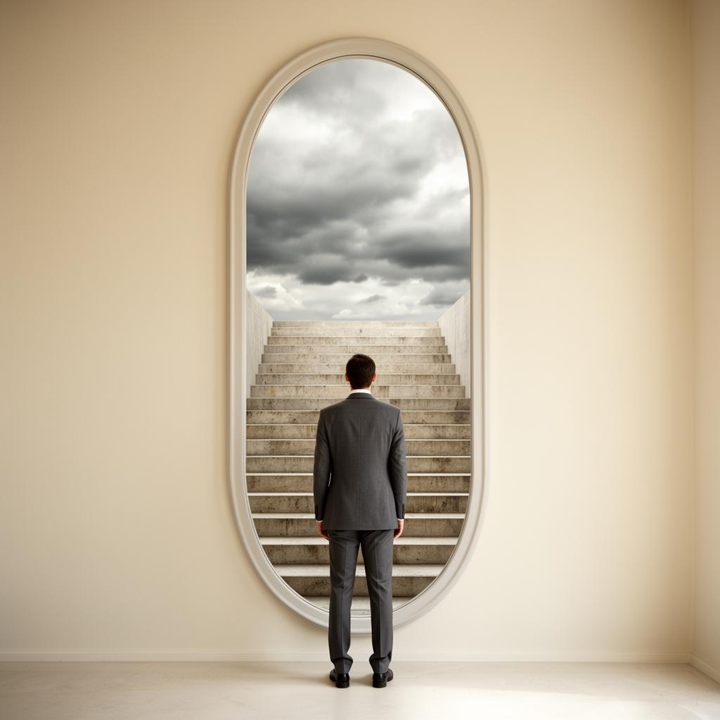 Figure facing a mirror